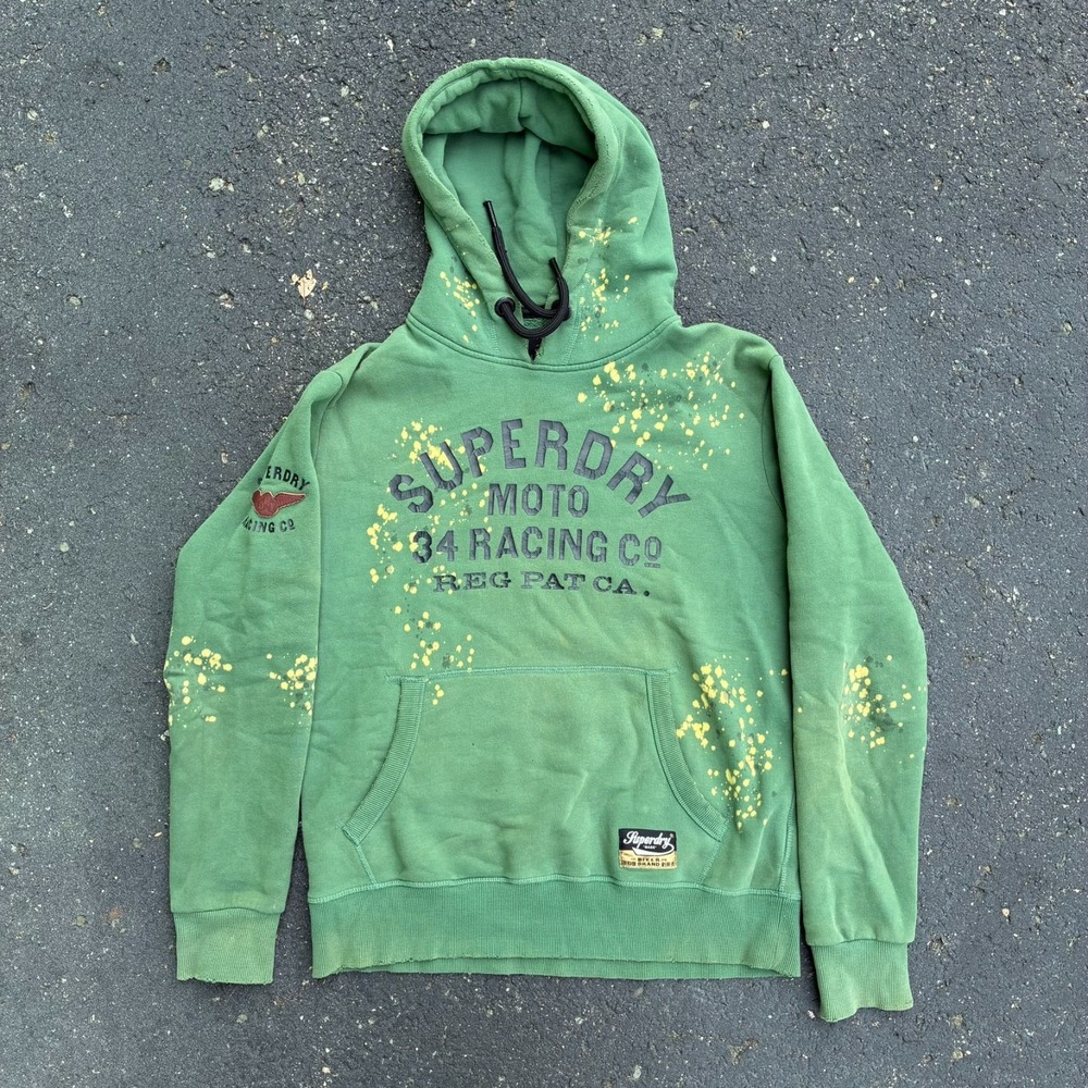Superdry Moto 34 Racing Co Green Pullover Hoodie Paint Splatter Men's XL X-Large
